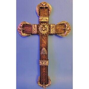 Ornate Wall Cross Features a Rustic Western-Themed Leather Belt Design